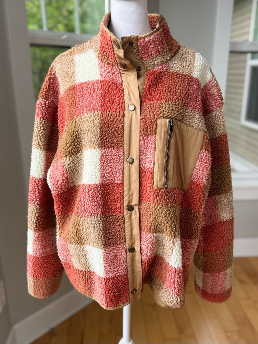 Easel Coral Tan Plaid Sherpa Jacket Size Large